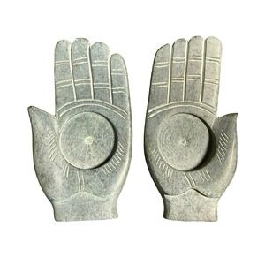 Vintage Hand Carved Grey Soapstone Palm Hamsa Candle Incense Holder Set Pray Zen